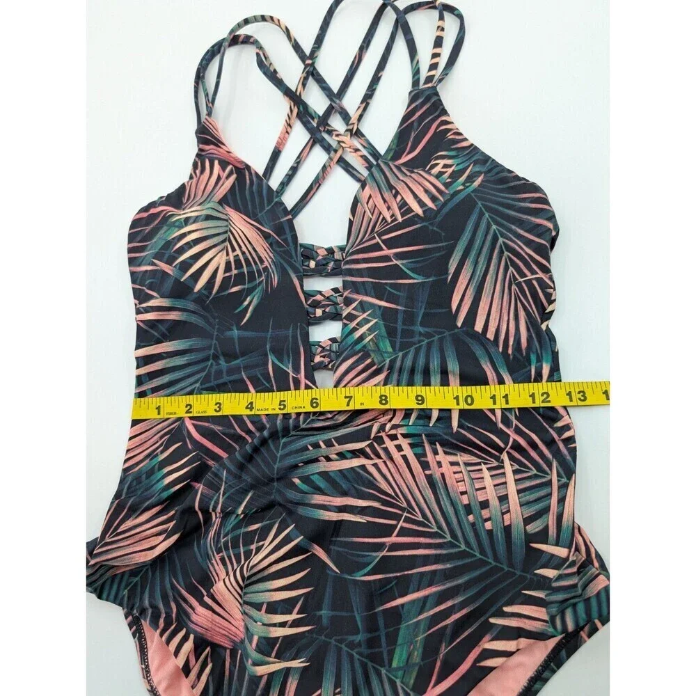 Bar III Swimsuit Women Medium One Piece Plunge Green Tropical Criss Cross Straps